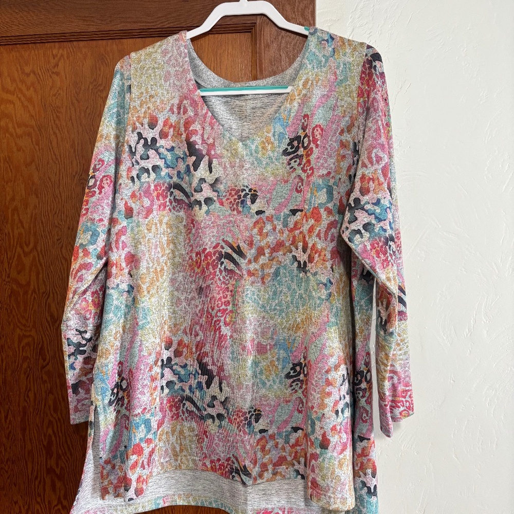 Quirky, Multi-colored V-Neck Leopard Print Sweater- Soft Surroundings